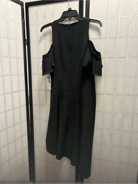 London Times Black Cold-Shoulder Midi Dress with Ruffle Sleeves